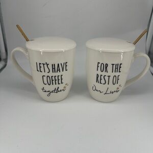 White Ceramic Coffee Mug Set With Lids And Spoons